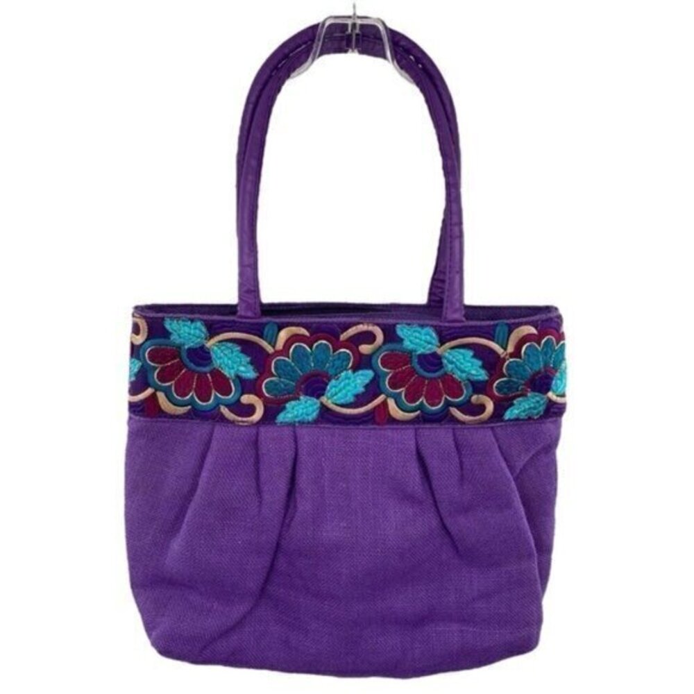 Vintage 1980 Purple Woven Burlap Embroidered Shoulder Bag Purse Beverly Goldberg
